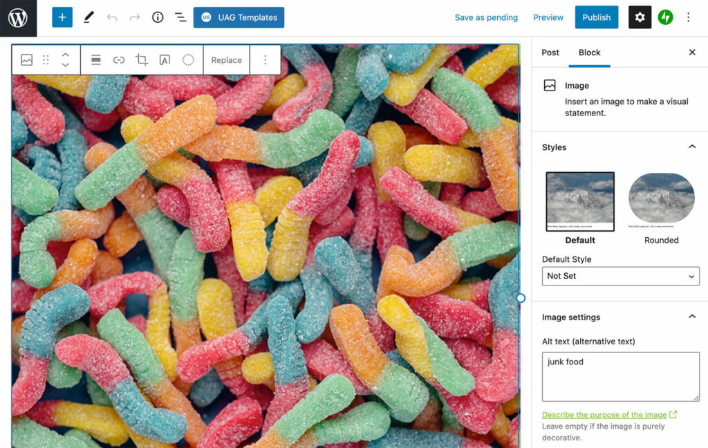 WordPress Gutemberg screenshot - inserting ALT text